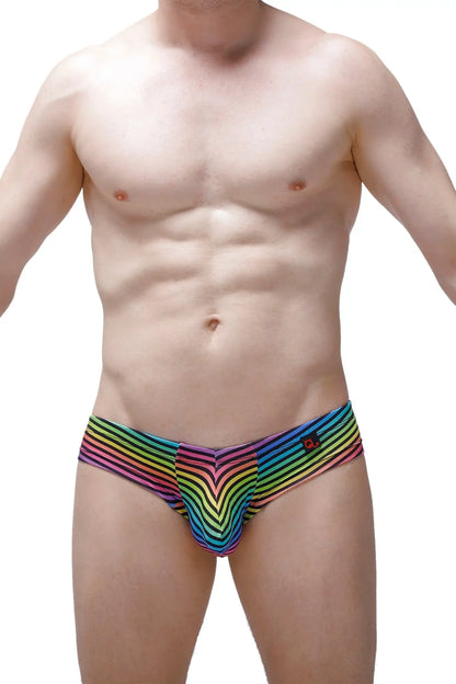 Mini boxer monti rainbow-striped men’s briefs with bold curved pattern and small black logo on waistband