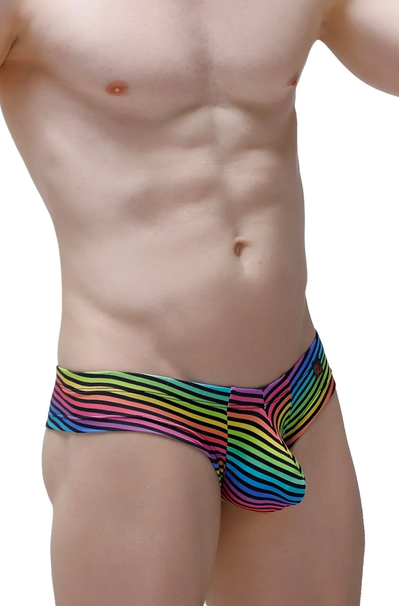 Mini boxer monti rainbow-striped men’s swim trunks with bold colorful pattern perfect for beach and pool use