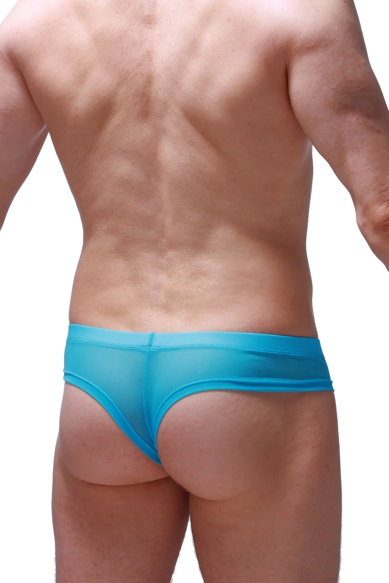 Bright blue sheer mesh mini boxer briefs made of net fabric for comfortable everyday wear