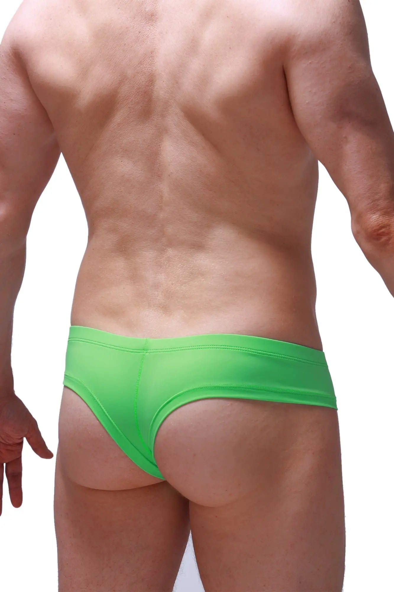 Mini boxer neon green swim trunks with bright green color smooth stretchy fabric and low-rise form-fitting cut