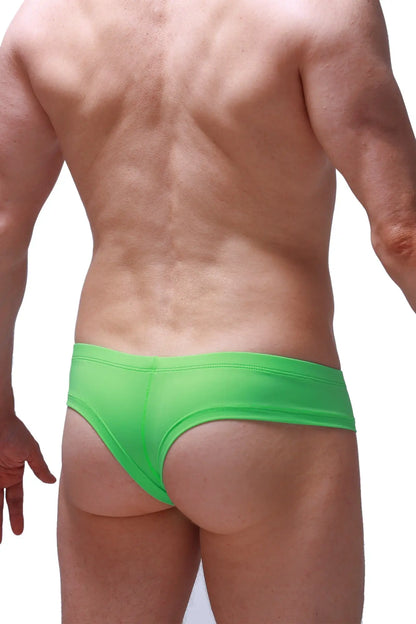 Mini boxer neon green swim trunks with bright green color smooth stretchy fabric and low-rise form-fitting cut