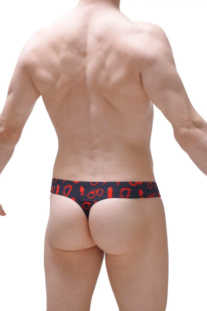 Mini cheek boudoir black briefs with bold red handcuffs keys and symbols pattern for stylish intimate wear
