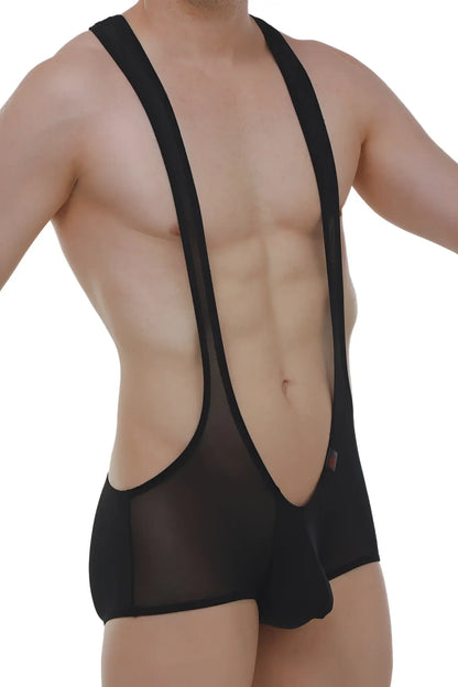 Mini singlet net black sheer mesh suspenders with solid black waistband and leg openings shown from the back
