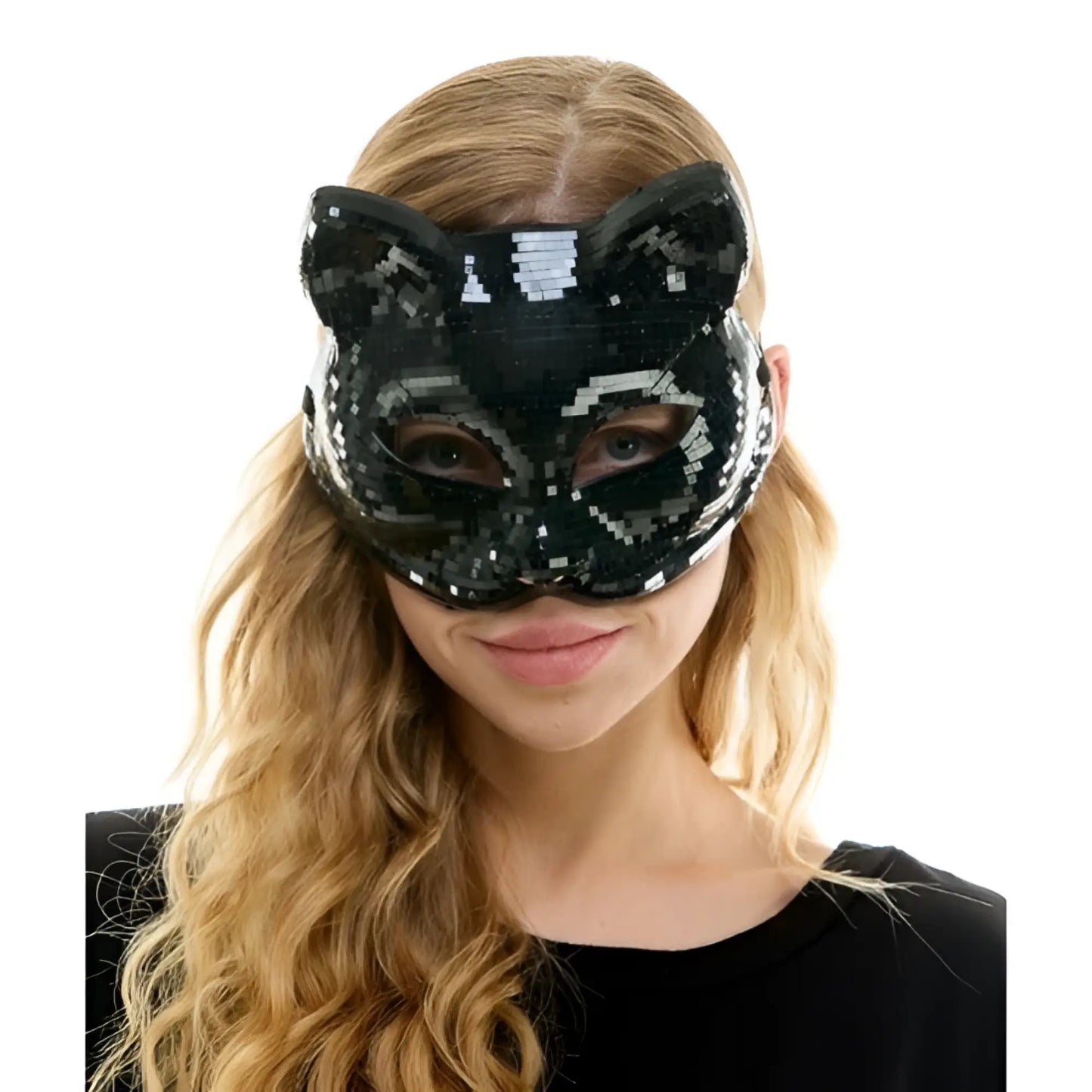 Black sequined mirror cat mask with sparkling pixelated design perfect for costume parties and events