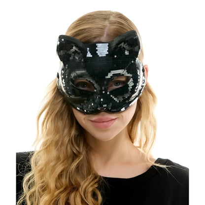 Black sequined mirror cat mask with sparkling pixelated design perfect for costume parties and events