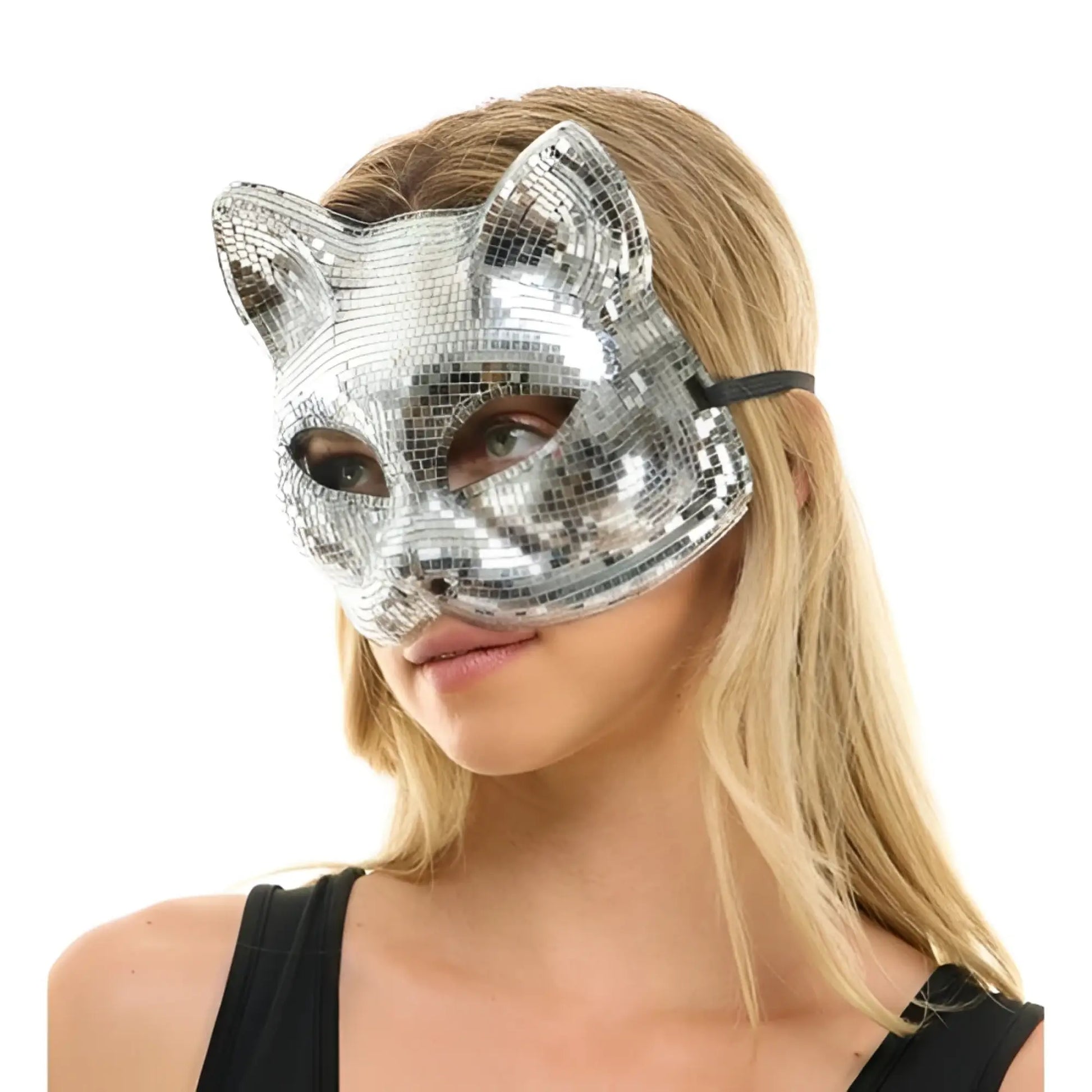 Silver disco mirror cat mask with pointed ears and black adjustable strap for costume or party use