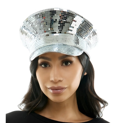 A shiny silver mirrored festival hat with a reflective disco ball surface and a structured brim