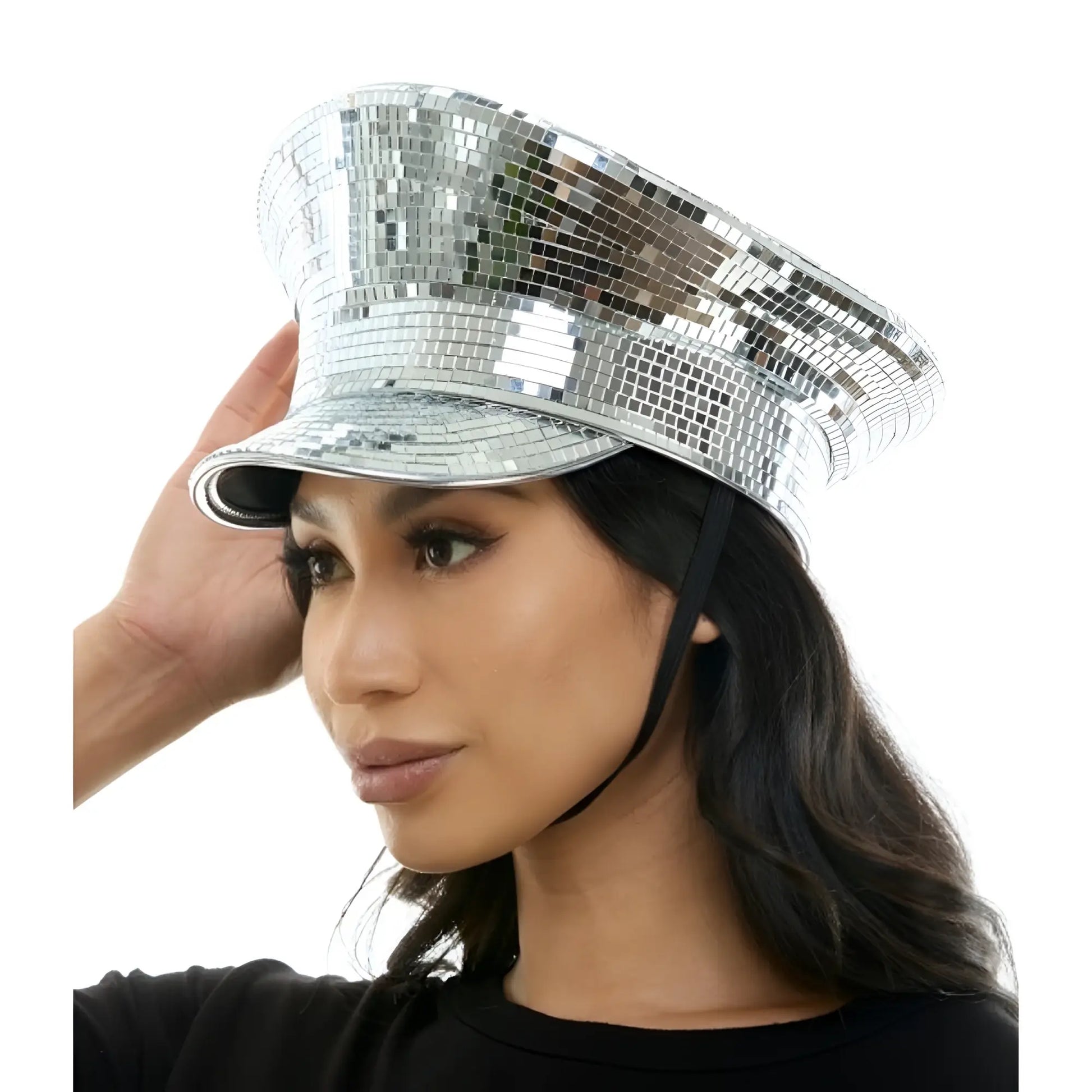 A shimmering silver disco mirrored festival hat adorned with reflective mosaic tiles for party wear