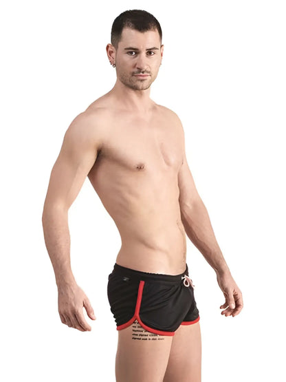 Black athletic shorts mister b urban ibiza with red trim and white drawstrings size m for casual wear