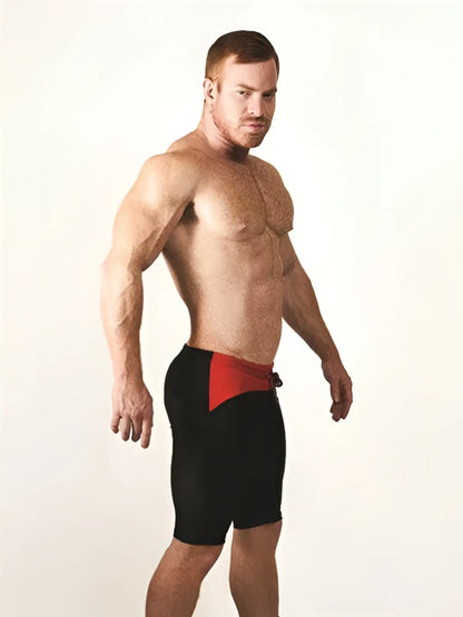 Mister B Urban Mallorca cycle shorts in black and red with bold geometric design size M front view