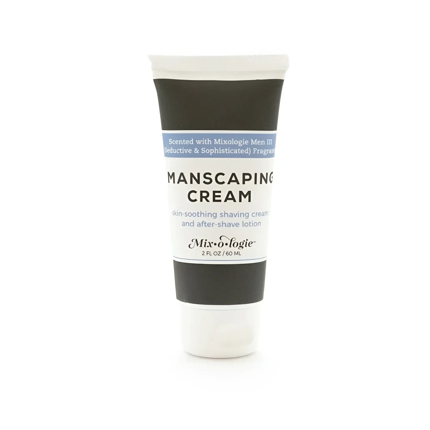 White tube of Mixologie manscaping cream shave lotion sent III with black and light blue label for men grooming