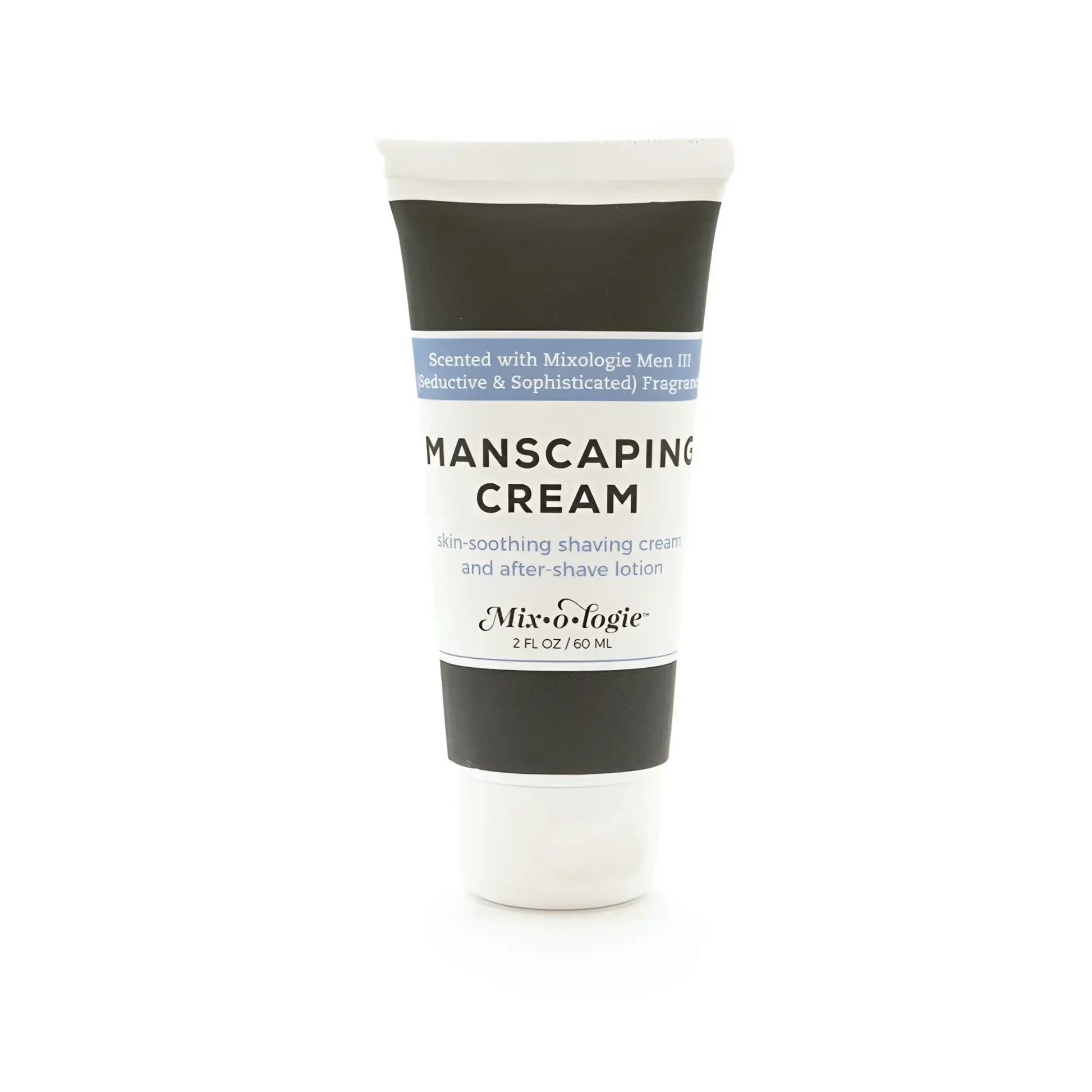 White tube of Mixologie manscaping cream shave lotion sent III with black and light blue label for men grooming