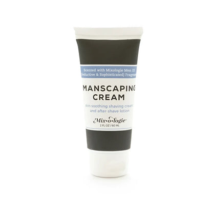 White tube of Mixologie manscaping cream shave lotion sent III with black and light blue label for men grooming
