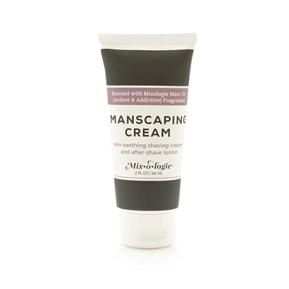 A sleek black and white tube of mixologie manscaping cream shave lotion with minimalist label and elegant typography