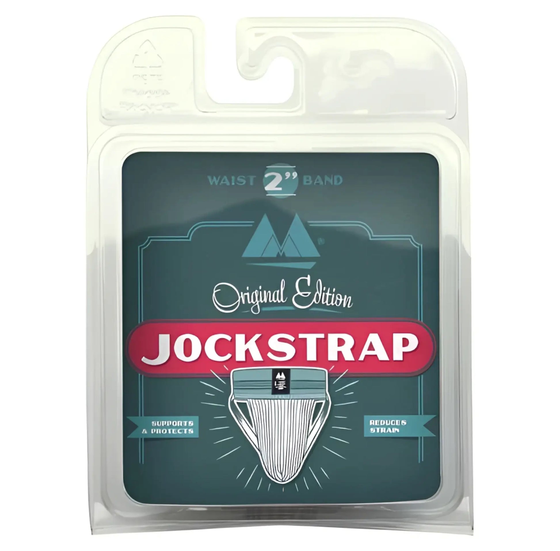 Mm original edition bike style adult jockstrap with 2 inch waistband in red grey in clear plastic package with green label