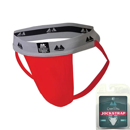 Red mm original edition bike style athletic jockstrap with gray and black mountain logo waistband size m