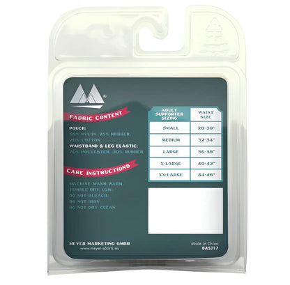 Dark green packaged mm original edition bike style adult supporter with 3 inch waistband showing size chart and fabric details