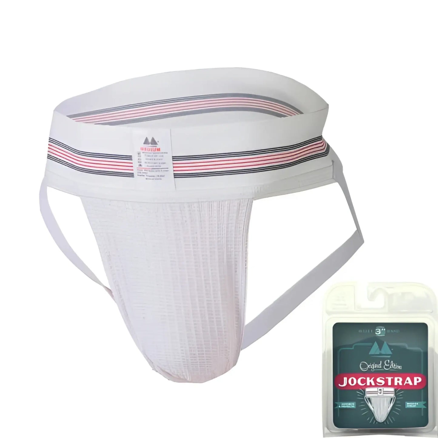 White athletic jockstrap with pink and navy striped waistband mm original edition bike style underwear size m