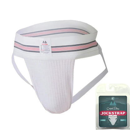 White athletic jockstrap with pink and navy striped waistband mm original edition bike style underwear size m