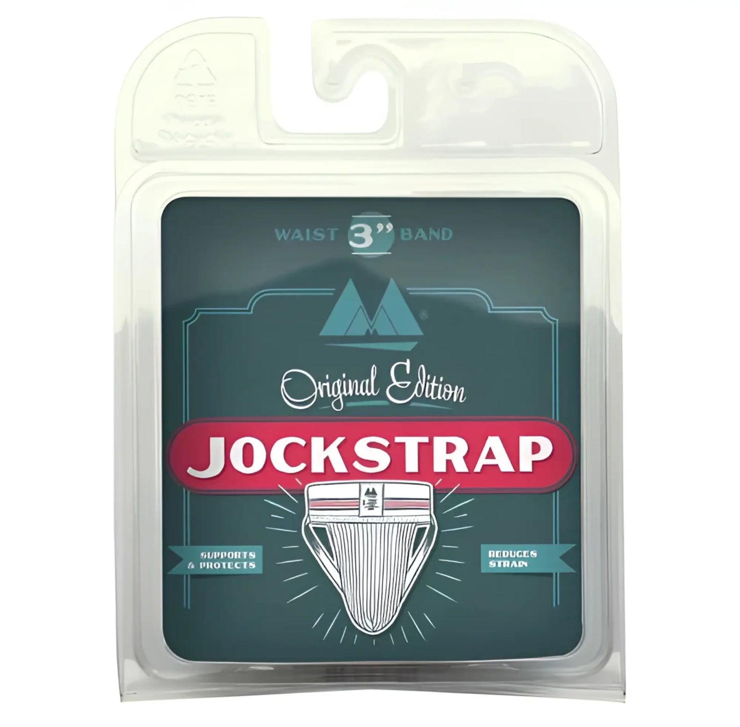 Original edition jock strap in white and black with illustrated graphic in clear plastic packaging for waist size medium