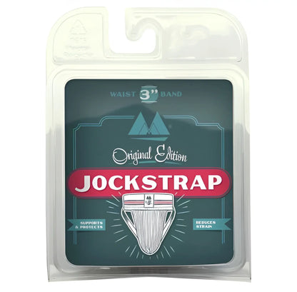 Original edition jock strap in white and black with illustrated graphic in clear plastic packaging for waist size medium