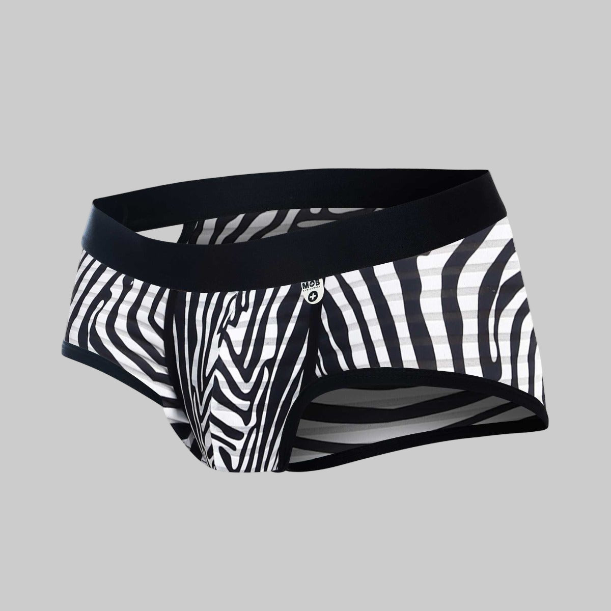 Black and white zebra-striped men’s briefs with a solid black waistband mob aero brief front view