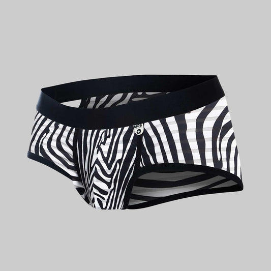 Black and white zebra-striped men’s briefs with a solid black waistband mob aero brief front view