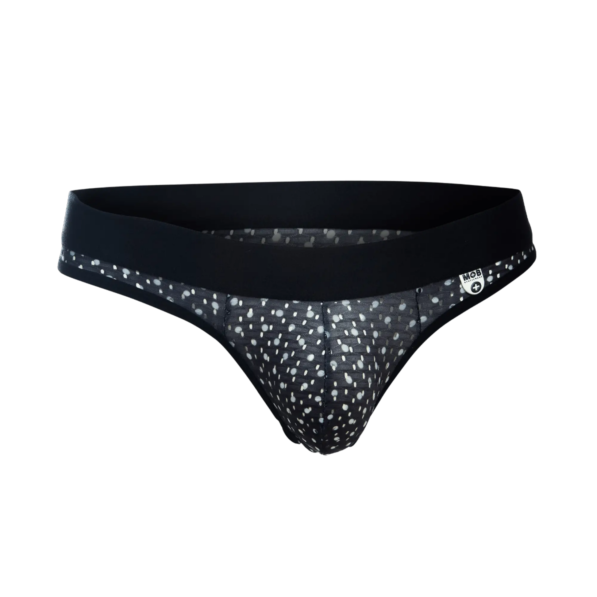 Black and white polka dot mesh briefs with solid black waistband from MOB Aero Jock final sale collection