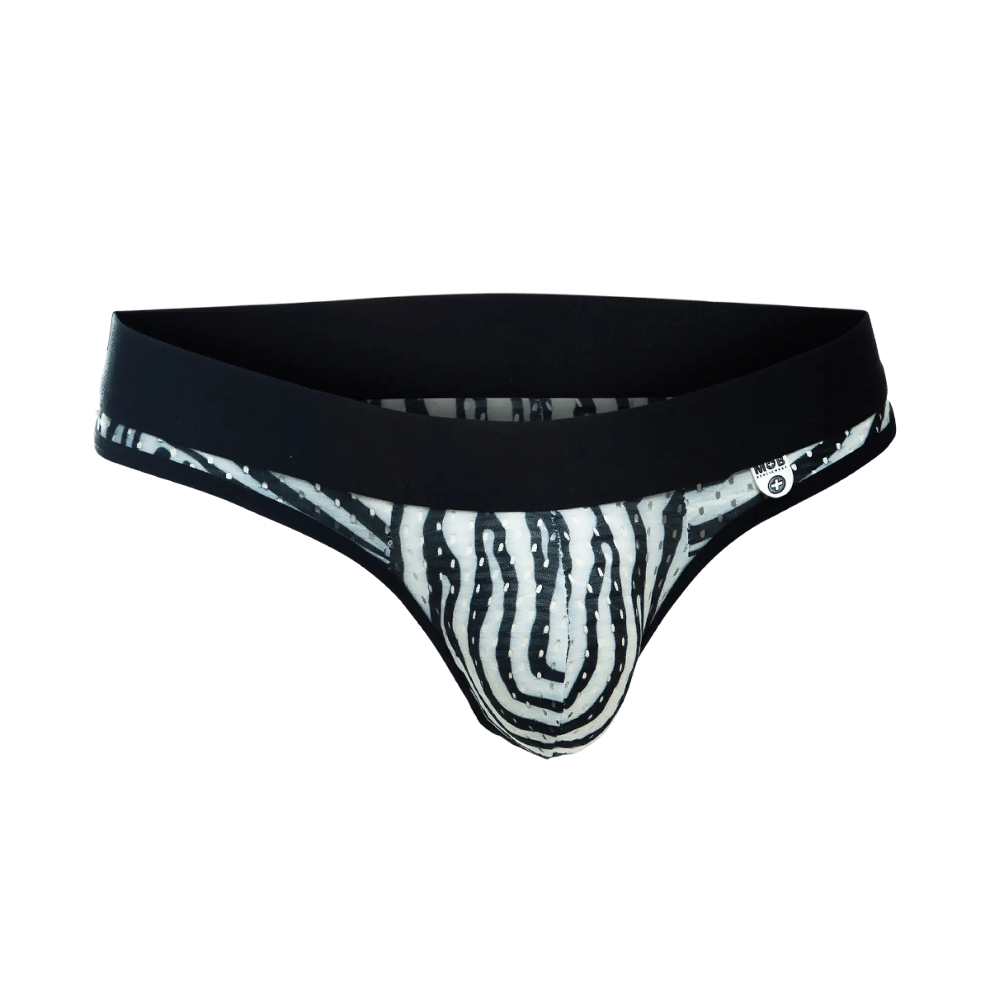Black and white zebra-striped men’s briefs with solid black elastic waistband from mob aero jock final sale
