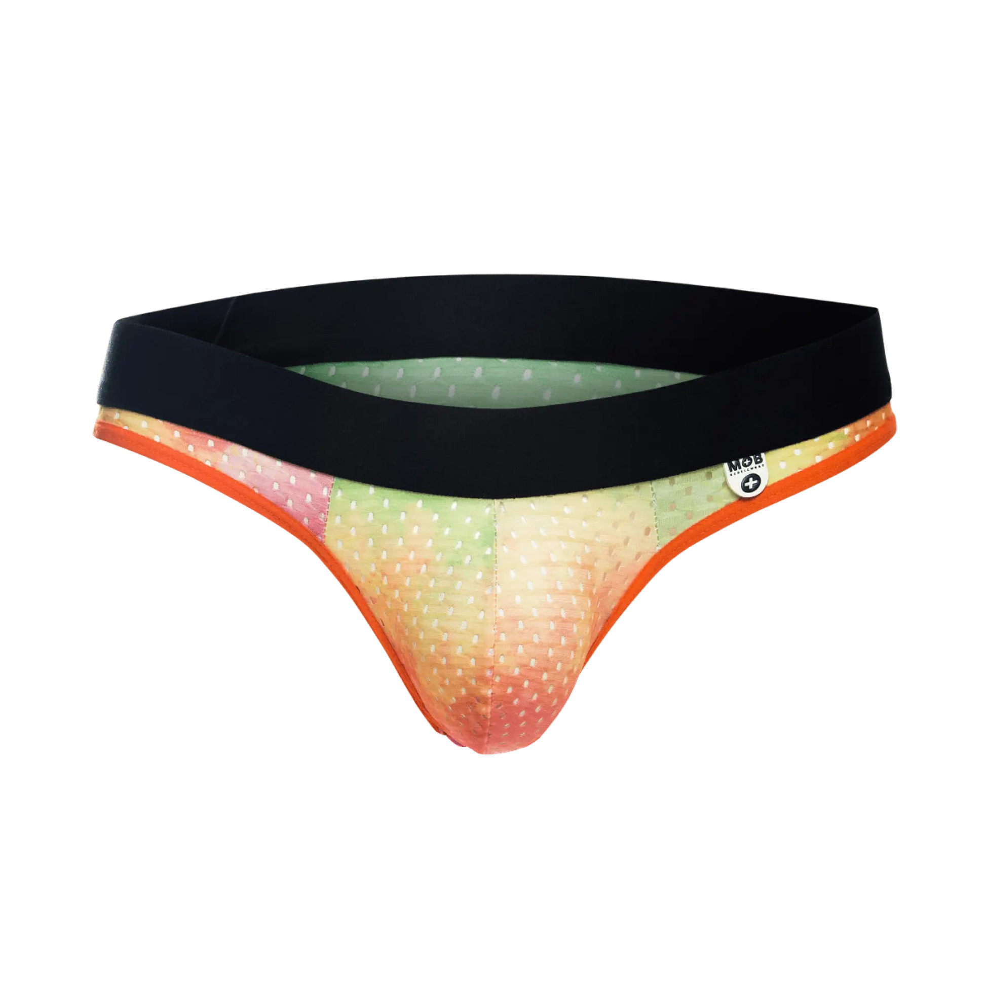 Vibrant gradient-patterned mob aero jock briefs with black waistband orange trim and small white polka dots