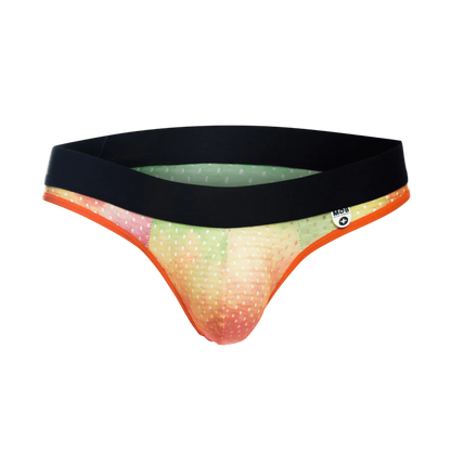 Vibrant gradient-patterned mob aero jock briefs with black waistband orange trim and small white polka dots