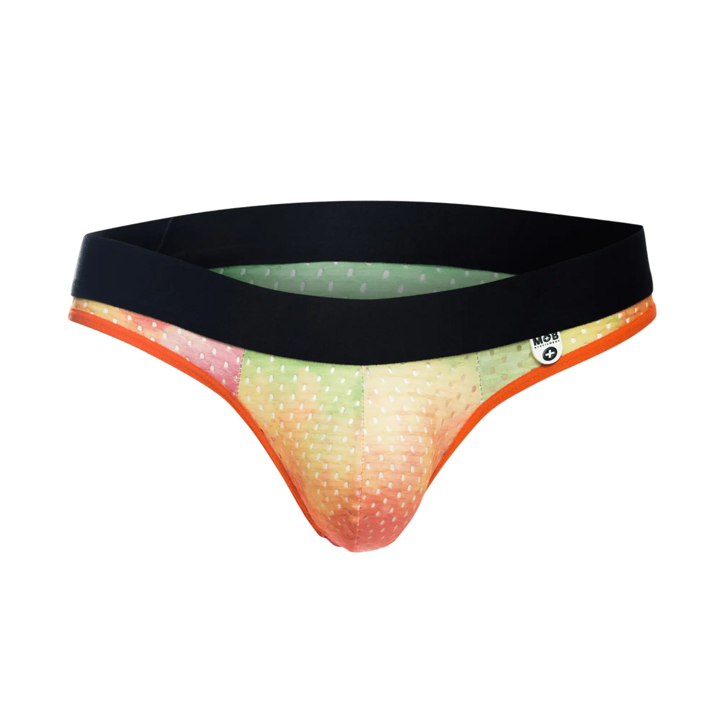 MOB Aero Jock vibrant gradient briefs with black waistband orange trim and white polka dots in final sale