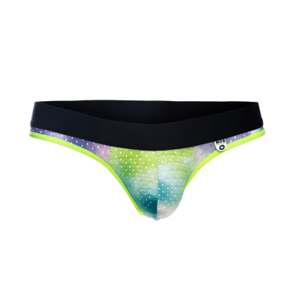 Mob aero jock vibrant tie dye patterned briefs with neon green trim and black waistband front view