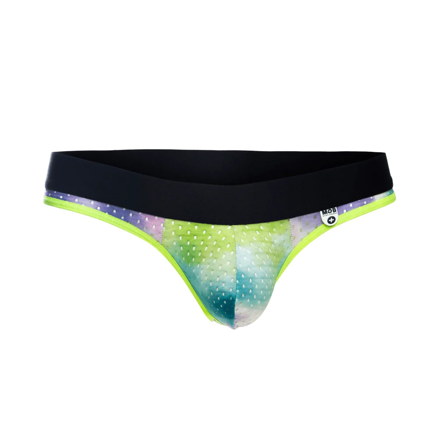 Mob aero jock final sale vibrant tie-dye briefs with neon green trim and black waistband shown from the back