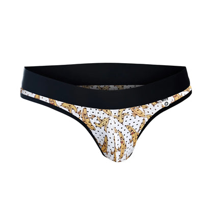 White thong with banana pattern and black waistband and trim featuring a playful design from mob aero jock final sale