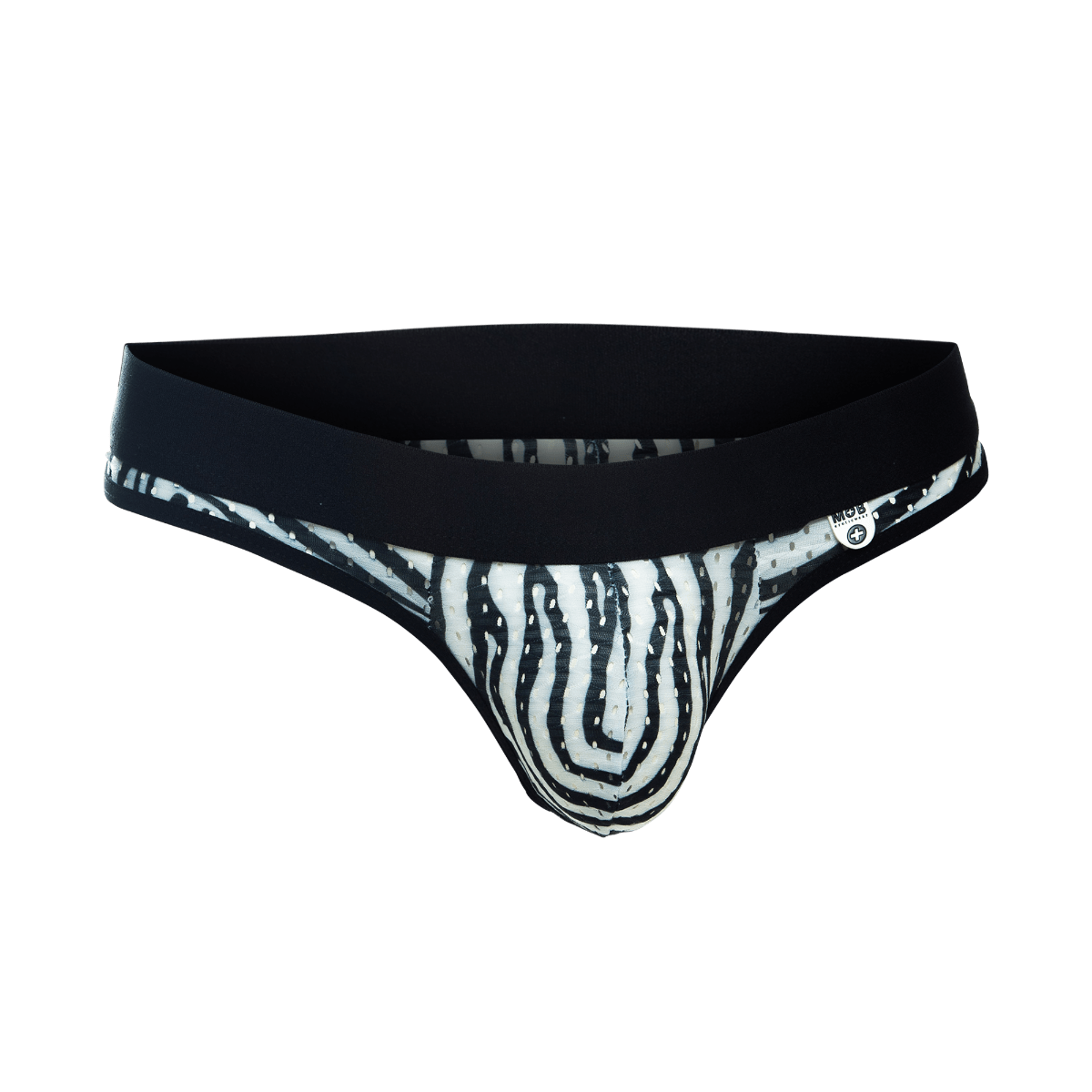 Black and white zebra-striped mob aero jock men’s briefs with solid black elastic waistband front view