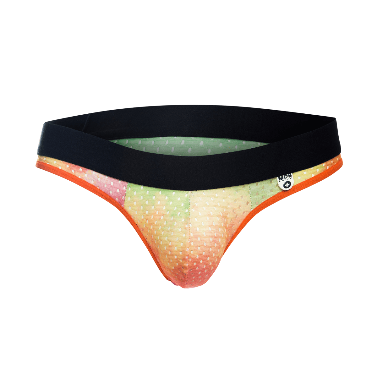 MOB Aero Jock briefs with vibrant gradient pattern black waistband orange trim and small white polka dots