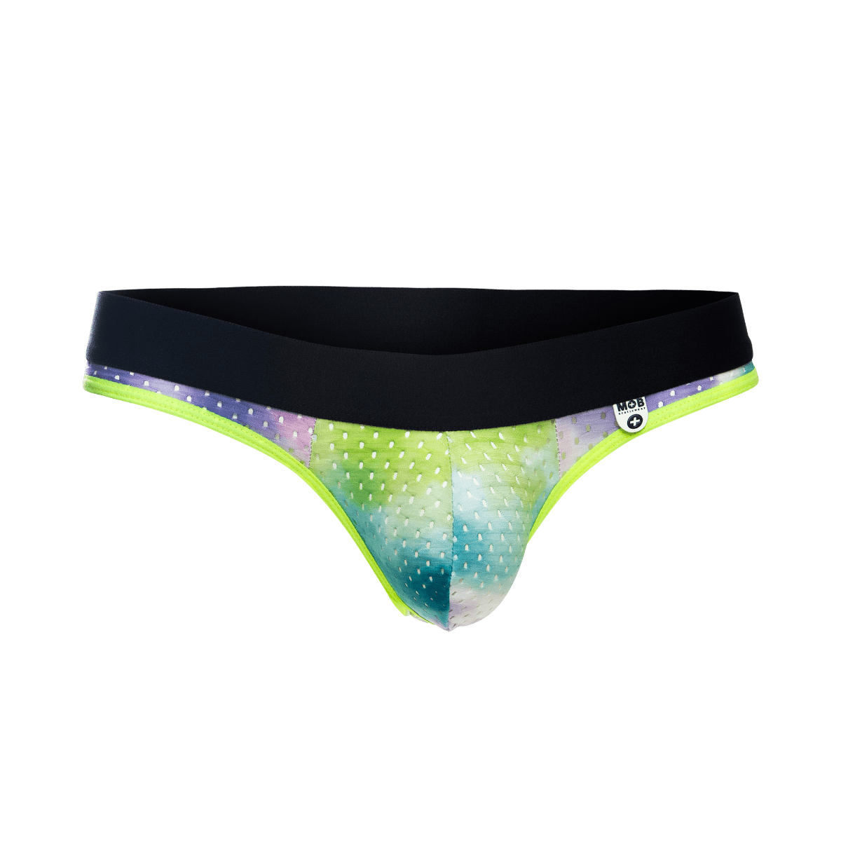 Mob aero jock briefs with vibrant tie-dye pattern neon green trim and black waistband for active wear