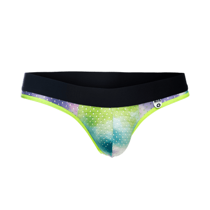 MOB Aero jock vibrant tie-dye briefs with neon green trim and black waistband for active wear