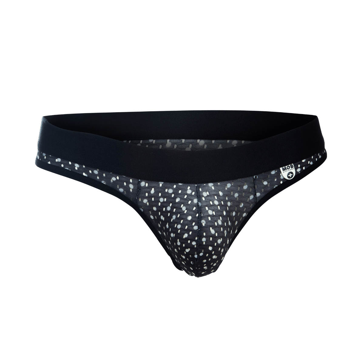 Mob aero jock black and white polka dot mesh briefs with solid black waistband front view