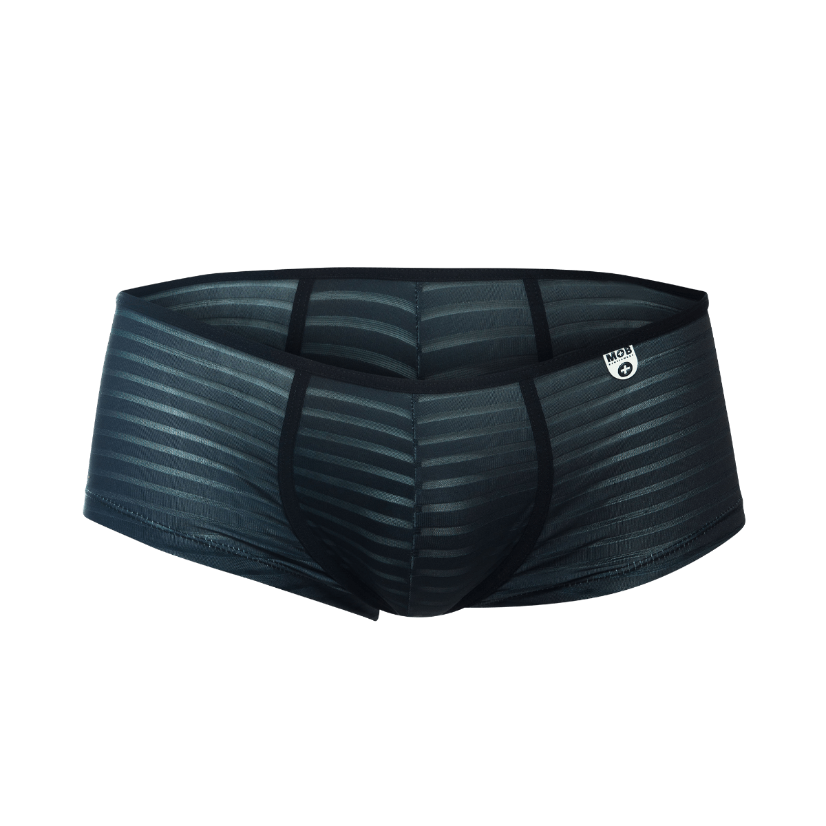 MOB Boyshort black men’s briefs with subtle striped pattern and reinforced side seams shown from the back side
