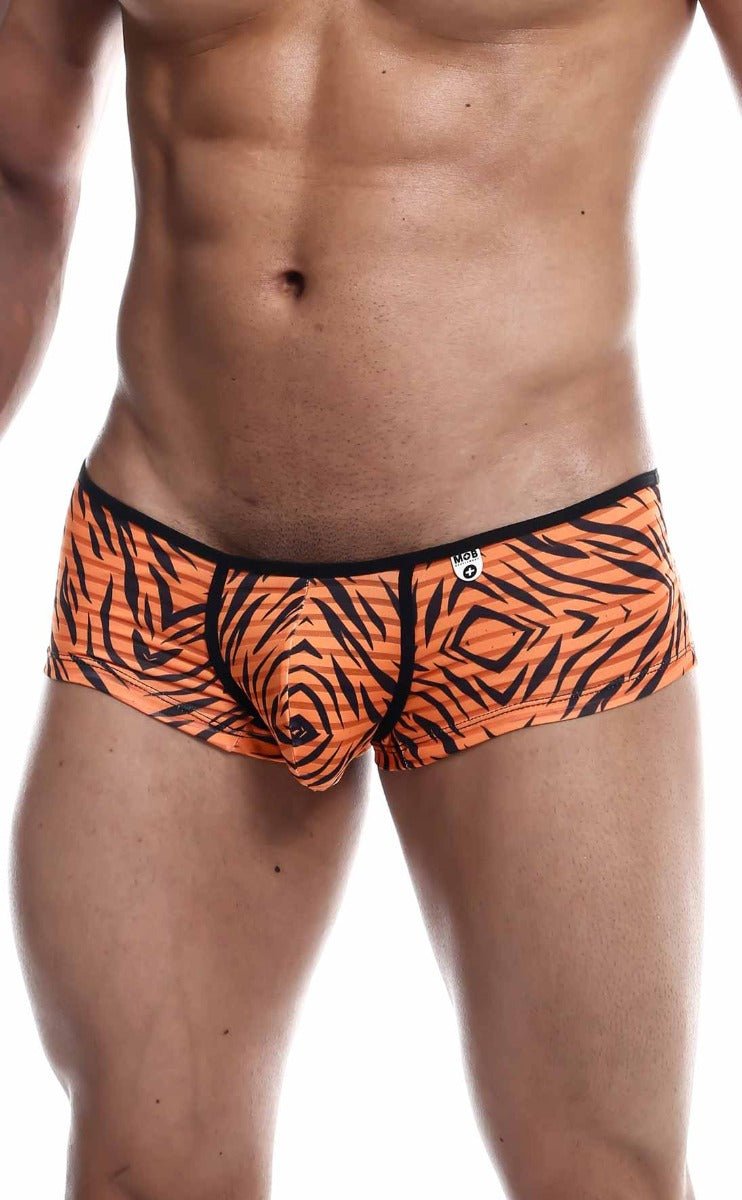 MOB boyshort briefs in orange tiger print with black stripes and a black waistband for comfortable everyday wear