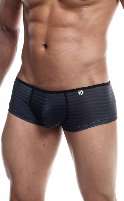 Dark gray ribbed textured men’s briefs with black trim and white logo on waistband mob boyshort product image