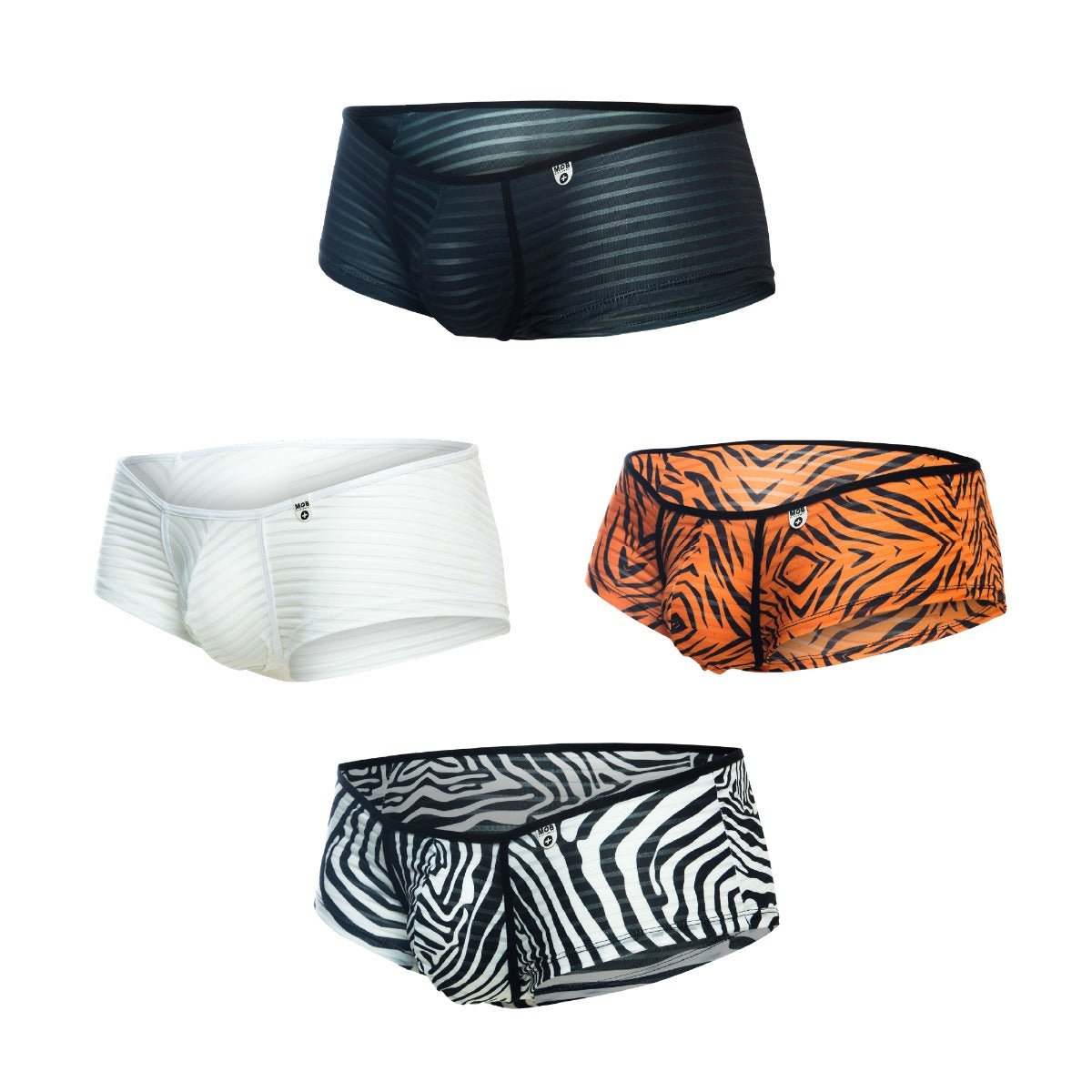 Mob boyshort black striped men’s briefs with subtle sheen and small logo on the waistband front view