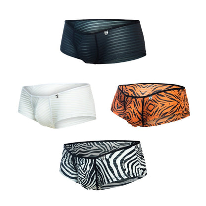 Mob boyshort black striped men’s briefs with subtle sheen and small logo on the waistband front view