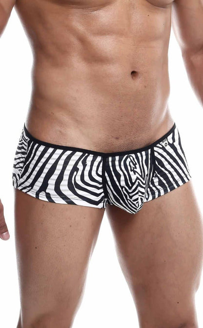 Black and white zebra-striped MOB Boyshort men’s briefs with a snug fit and comfortable stretch fabric