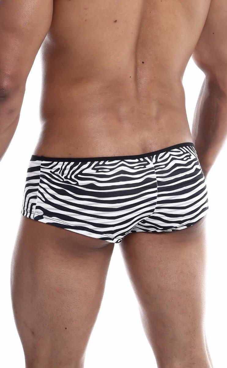 Black and white zebra-striped MOB Boyshort men’s briefs with a snug fit for comfortable everyday wear