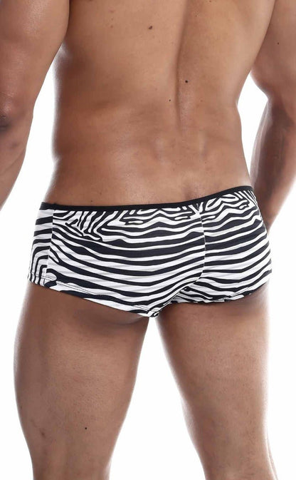 Black and white zebra-striped MOB Boyshort men’s briefs with a snug fit for comfortable everyday wear