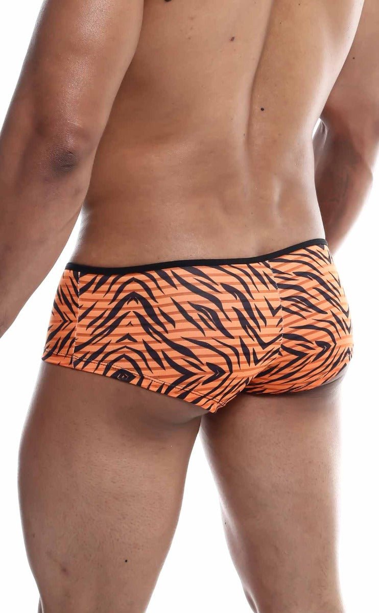 Orange tiger-striped mob boyshort swim trunks with black accents designed for comfortable swimwear use