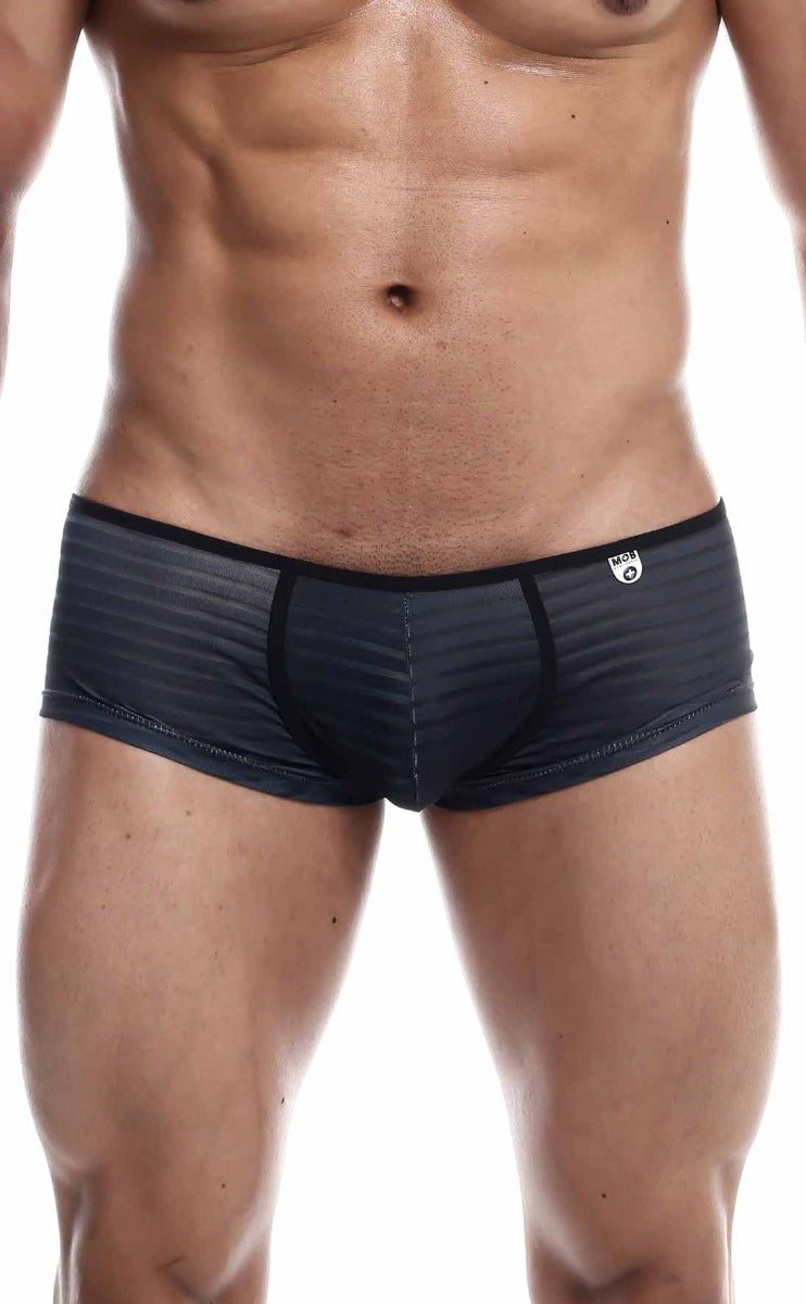 Black textured mob boyshort briefs with subtle striped pattern and black trim shown from the back side